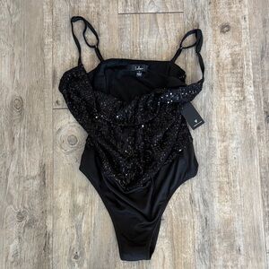 Lulu's Elegant Black Sequin Bodysuit
